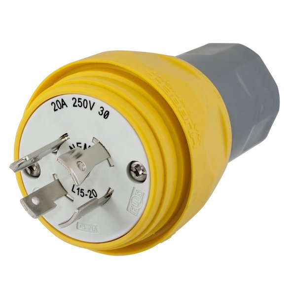 Bryant Locking Device, Elastomeric, Male Plug, 20A 3- Phase 250V AC, 3-Pole 4-Wire Grounding, L15-20P BRY26W75